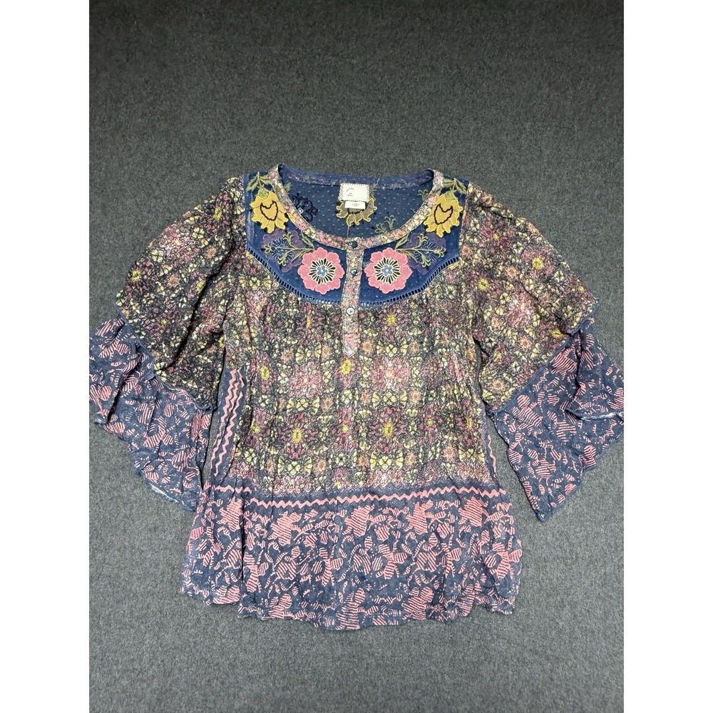Anthropologie‎ Postmark XS Top Ciutadella Embroidered Pink Floral Swing Lace EUC
